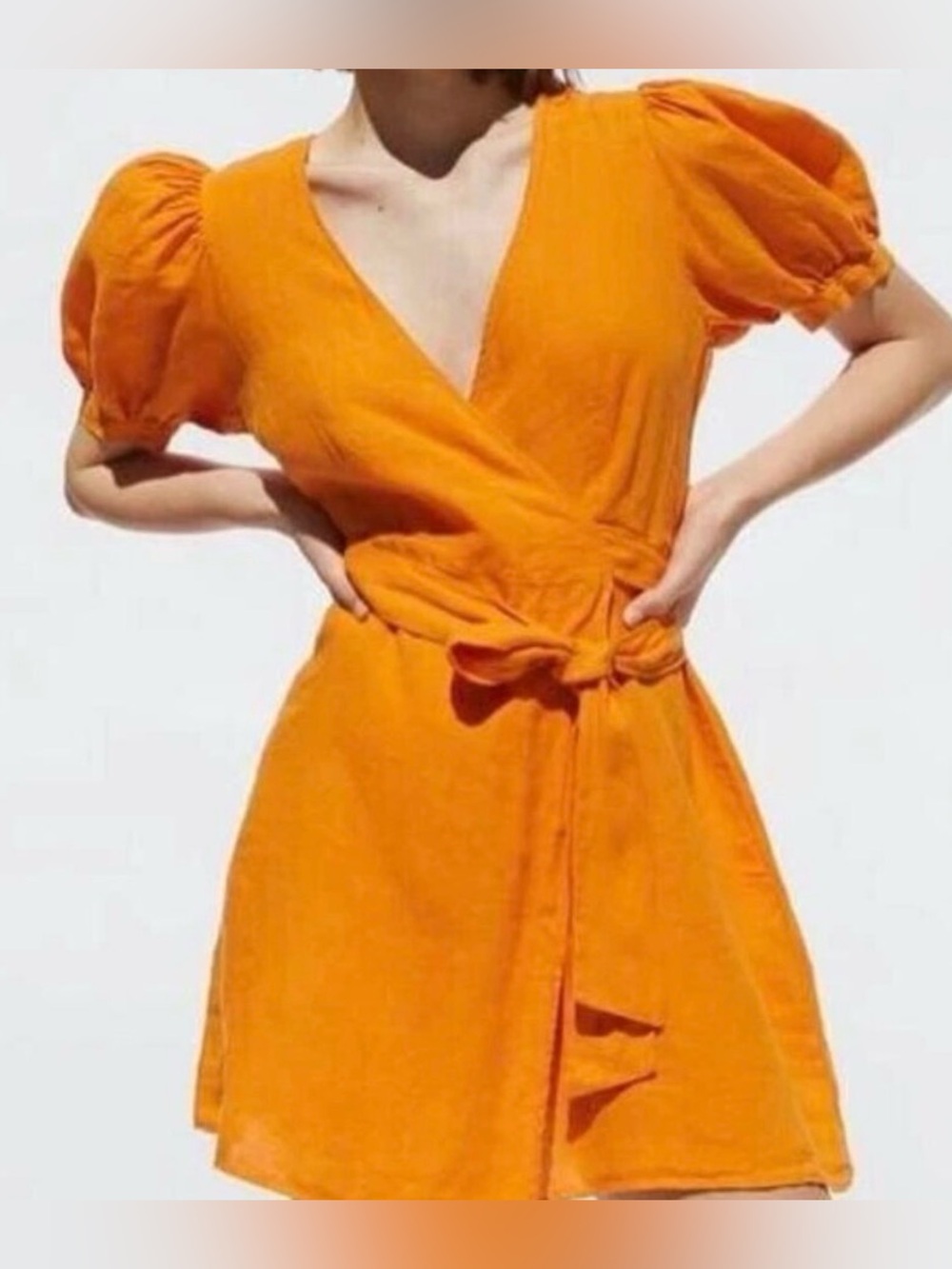 Zara Puff Sleeve Linen Orange Dress
